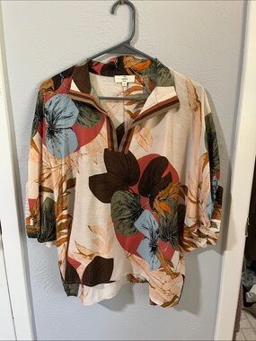 Anthropologie Floral Half-Zip Tunic in Cream, Brown, Olive & Rust